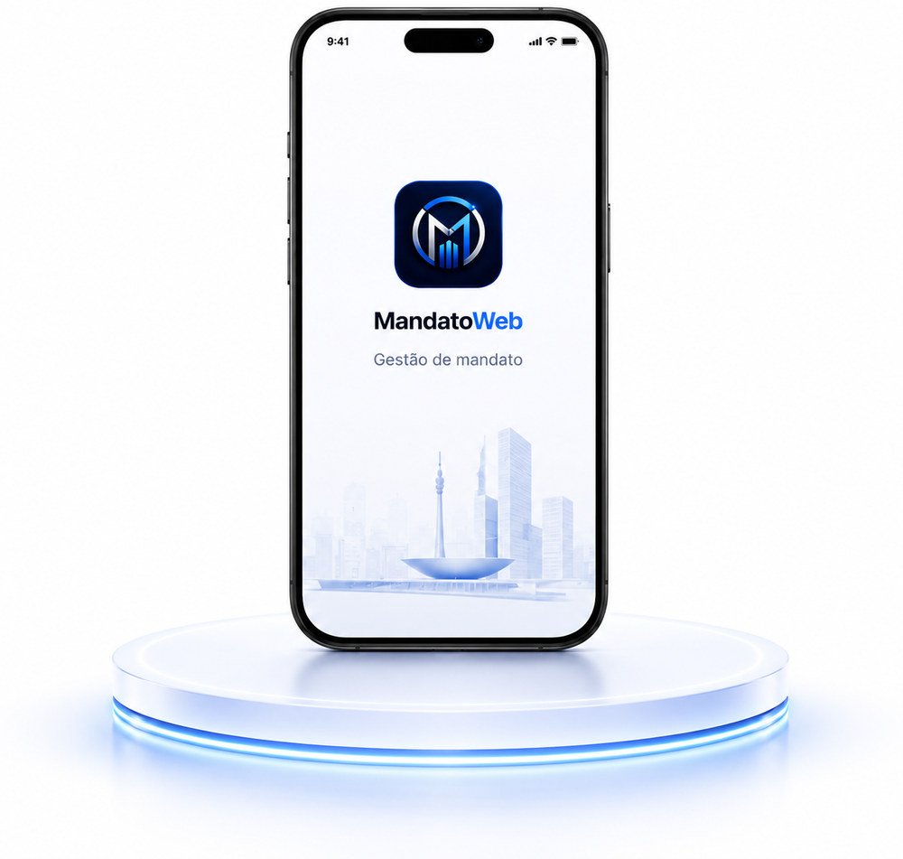 Celular com o MandatoWeb aberto como aplicativo, sobre uma base de vidro